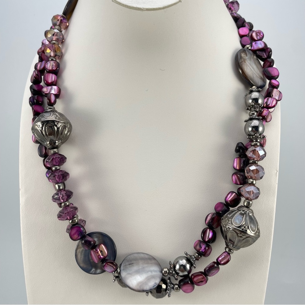Boho Purple Shell & Crystal Beaded Necklace with Silver Accents 39” 43”Extender